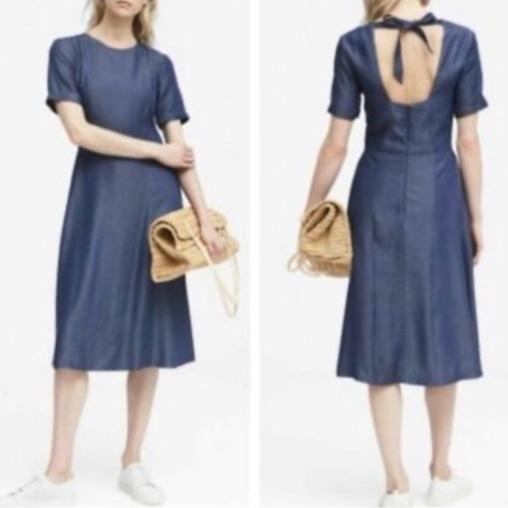 Banana Republic Women’s 100% Lyocell Chambray Bow Back Short Sleeves Dress Sz 14